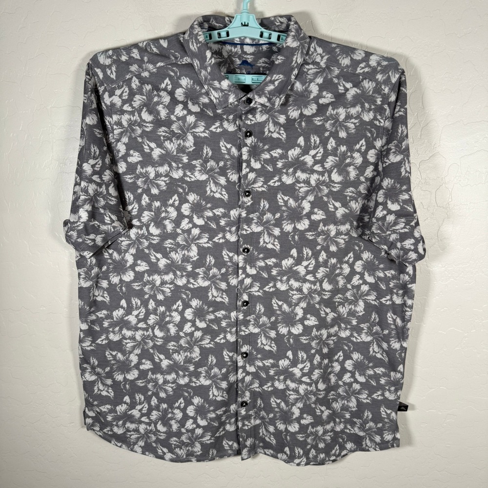 Tommy Bahama Shirt Mens 2XL Gray Hawaiian Floral Hibiscus Supima Cotton Blend